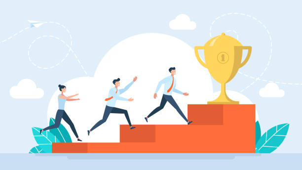 ilustrações de stock, clip art, desenhos animados e ícones de team running to the top. business people running upstairs towards the goal. motivation to achieve goal, reward or prize to motivate employee to succeed in work. winning concept. vector illustration - finish line running aspirations cartoon