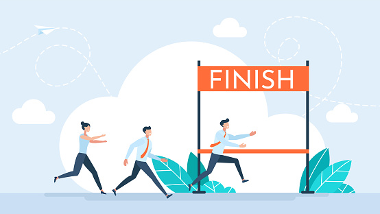 Running Man Crosses Finish Line. Business people run race crossing finish line ribbon. Team leader finish first. Achive Goal. Win Concept. Way to Victory. Leadership. Flat design. Vector Illustration
