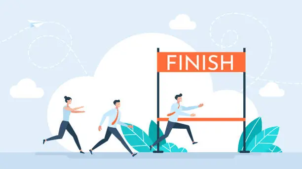 Vector illustration of Running Man Crosses Finish Line. Business people run race crossing finish line ribbon. Team leader finish first. Achive Goal. Win Concept. Way to Victory. Leadership. Flat design. Vector Illustration