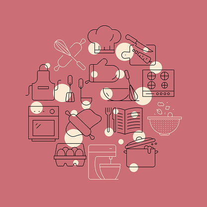 Cooking Related Design Element. Pattern Design with Outline Icons. Colorful Vector Illustration