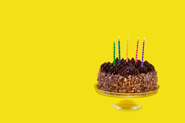 A boy blows out candles on his birthday cake at night.