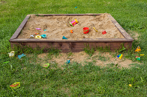 children's sandbox with colorful toys scattered in it. High quality photo