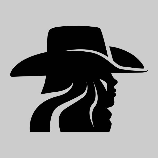 Cowgirl portrait symbol on gray backdrop Pretty cowgirl side view portrait symbol on gray backdrop. Design element head and shoulders logo stock illustrations