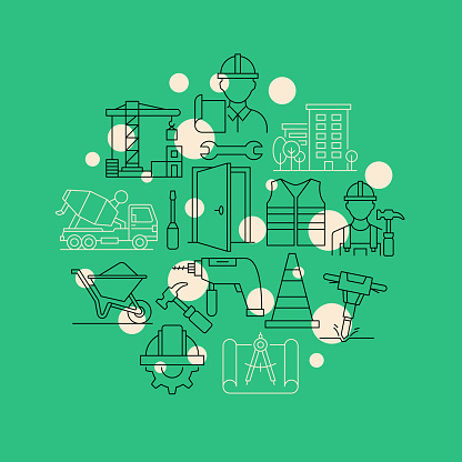 Construction and Buildings Related Design Element. Pattern Design with Outline Icons. Colorful Vector Illustration