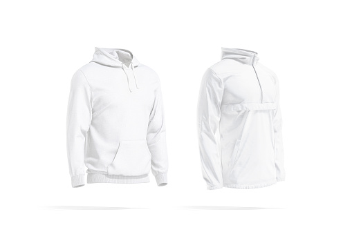 Blank white men hoodie and windbreaker mockup, side view, 3d rendering. Empty male sport jersey clothing mock up, isolated. Clear sweatshirt with hood and wind breaker for outwear template.
