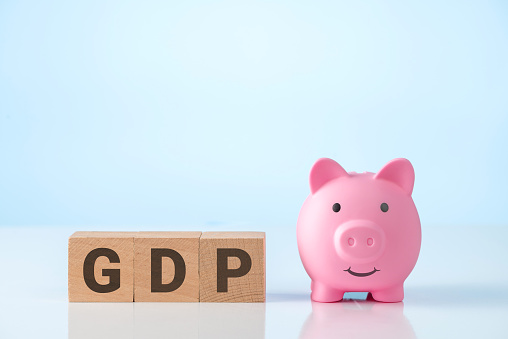 On the wooden cubes next to the piggy bank it says GDP. Gross domestic product