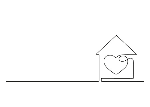 House outline with heart inside, copy space, residential building continuous one art line drawing. Love, family in home. Single contour construction house. Care and safe of home. Vector illustration