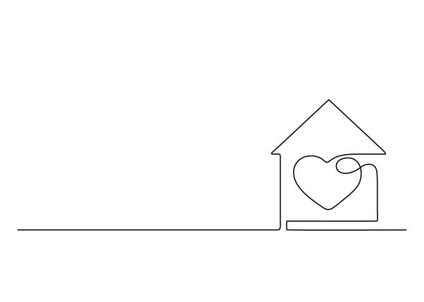 House outline with heart inside, copy space, residential building continuous one art line drawing. Love, family in home. Single contour construction house. Care and safe of home, building. Vector House outline with heart inside, copy space, residential building continuous one art line drawing. Love, family in home. Single contour construction house. Care and safe of home. Vector illustration house outside drawings stock illustrations