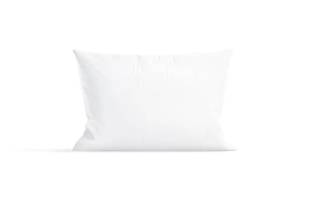 Blank white rectangular pillow mockup stand, front view, 3d rendering. Empty soft cushion or bedding pad for sleep mock up, isolated. Clear textile or fluffy pillowcase with feather template.