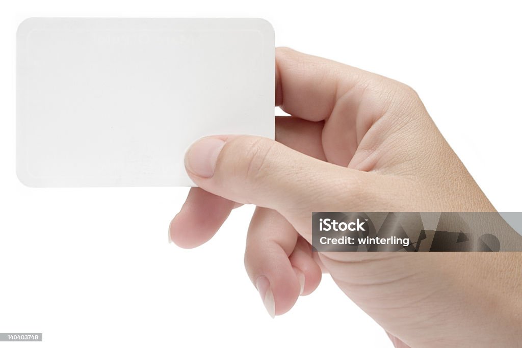 Hand w/ Blank Business Card Female hand holding a blank business card. Add your own text. Advertisement Stock Photo