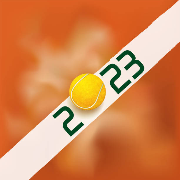 illustrations, cliparts, dessins animés et icônes de l’année 2023 écrite sur la ligne d’un terrain de tennis avec la balle qui forme le zéro. - tournoi de tennis