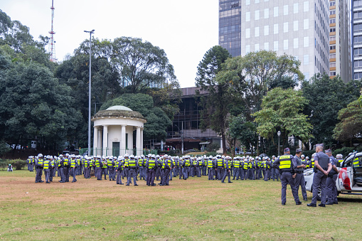 Pariaman, Indonesia - February 5, 2024 : Pariaman City Police Chief gives instructions to security officers at polling places for the 2024 election. This image is suitable for use with something on the theme of elections and government