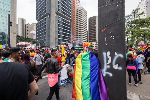 São Paulo, SP, Brazil, JUN 19, 2022: People celebrate on Paulista avenue the 26th Gay Pride Parade, celebration of LGBTQIA+ Pride