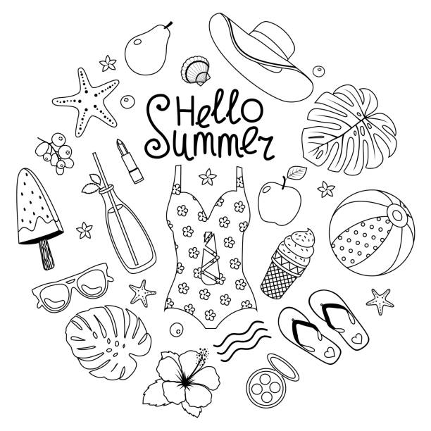 SUMMER OUTLINE SET Summer beach tropical set. Swimsuit, popsicle, slates, hibiscus, monstera. Black outline. flip flop sandal beach isolated stock illustrations