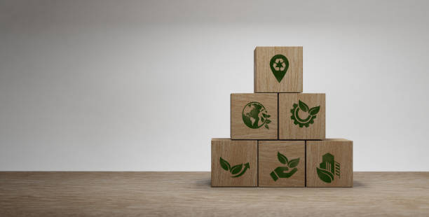 simboli dell'impronta ecologica del carbonio su cubi di legno rendering 3d - esg foto e immagini stock