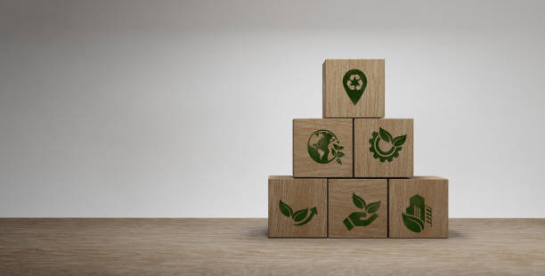 istock Carbon ecological footprint symbols on wooden cubes 3D Rendering 1404041793