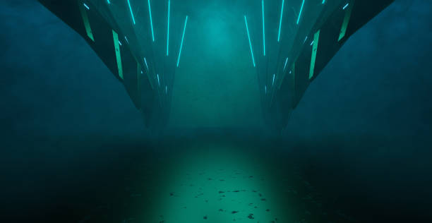 istock Neon Glow Futuristic Corridor Hangar Basement Underground Hallway Interdimensional Dystopian Deep Blue Green Abstract Background Architecture 3D Illustration 1404043079