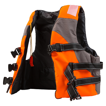 orange life jacket with a signal whistle, on a white background, isolate