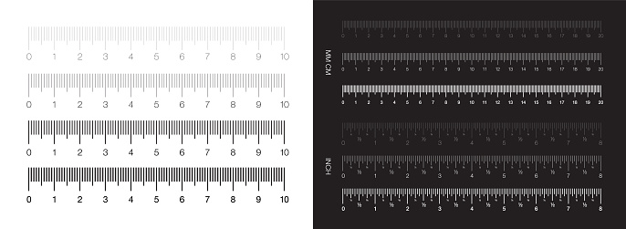 Ruler. Measuring scale, Markup for Rulers. Vector illustration. Centimeters and Millimeters Scale. Inch Scale. Set.