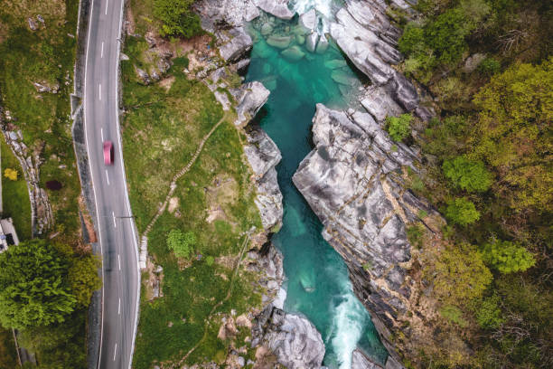 Aerial view of the river Verzasca in the Verzasca Valley in the Ticino region, Switzerland.