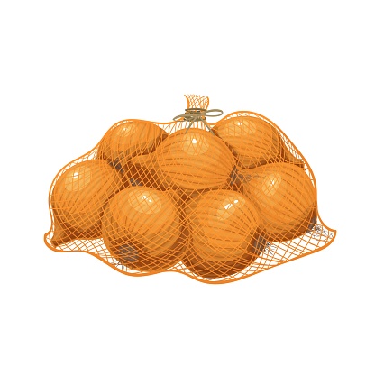 Onions packed in net bag, vector illustration. Harvest of onion vegetables, farm product.