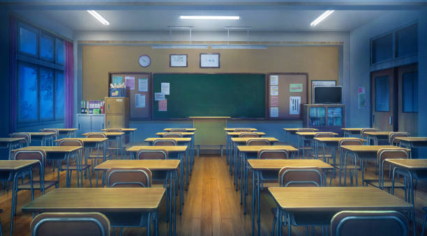 klassenzimmer - nacht, 2d anime hintergrund, illustration. - klassenzimmer stock-grafiken, -clipart, -cartoons und -symbole