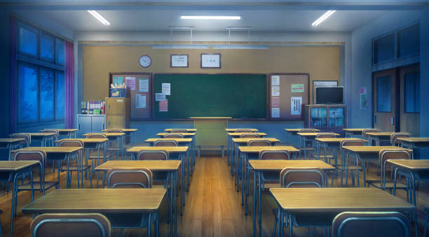 Classroom - Night, 2D Anime background , Illustration. Inside the classroom in anime style classrooms stock illustrations