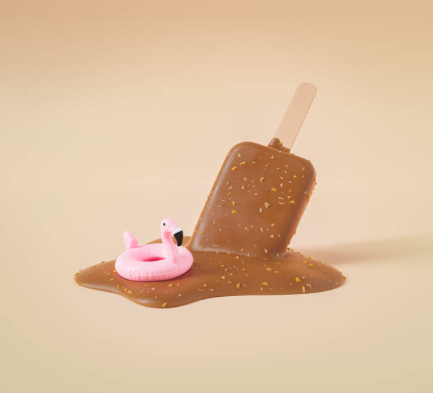 istock Melted chocolate ice cream on stick with miniature inflatable flamingo in studio 1404047602