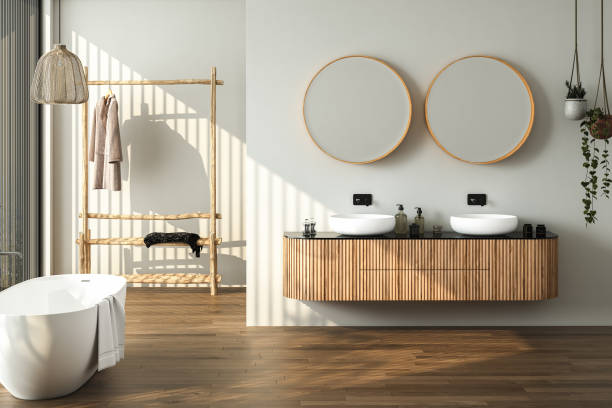 istock Modern bathroom interior with dark brown parquet floor, 1404048288