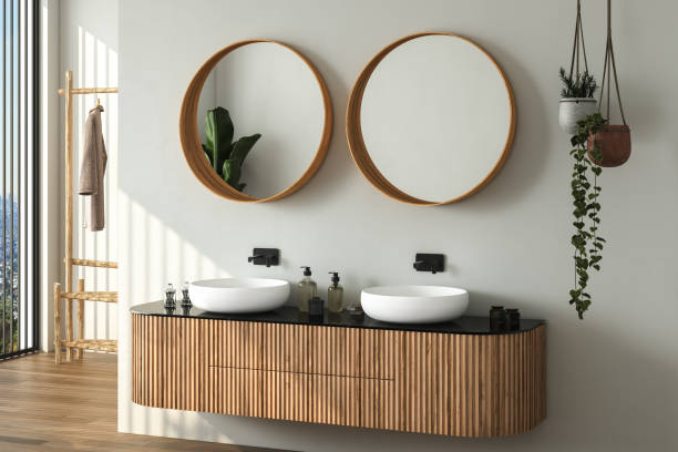Modern bathroom interior with dark brown parquet floor,