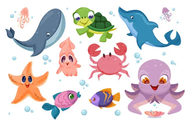 Vector illustration of Flat cute underwater sea animals and different fish