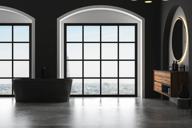 Dark bathroom interior with concrete floor, arches, Dark bathroom interior with concrete floor, arches, black toilet and oval mirror, side view. Minimalist black bathroom with modern furniture. 3d rendering double hung window stock pictures, royalty-free photos & images