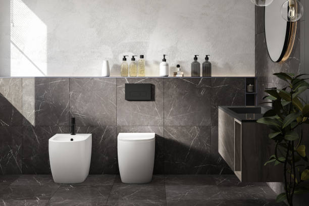 istock Minimalist dark bathroom with marble wall background in modern house, 1404051090