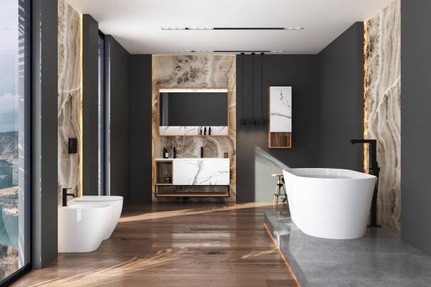 istock Beautiful modern bathroom with black and marble walls, 1404052103