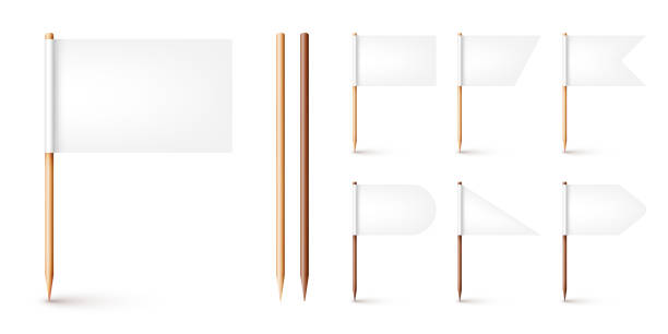 Realistic various toothpick flags. Wooden toothpicks with white paper flag. Location mark, map pointer. Blank mockup for advertising and promotions. Vector illustration Realistic various toothpick flags. Wooden toothpicks with white paper flag. Location mark, map pointer. Blank mockup for advertising and promotions. Vector illustration. flagpole stock illustrations