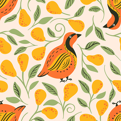 partridge and pear tree seamless vector pattern. Christmas bird.