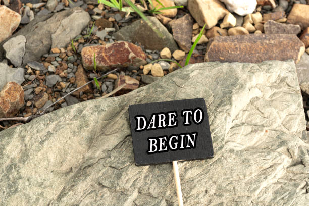 istock Motivational quote on a chalkboard with stone beach background 1404054773