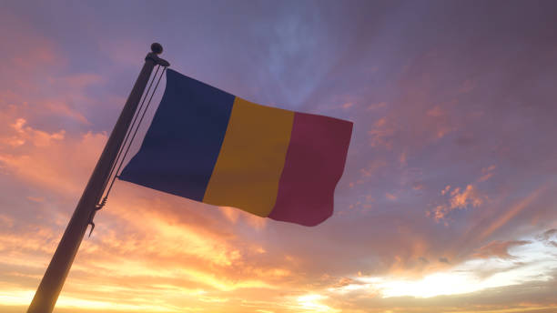 Chad Flag on Flagpole by Evening Sunset Sky