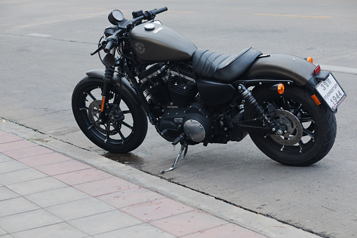 Oakville, Ontario - October 30, 2017: A 1300 cc Honda motorcycle painted black with chrome on a suburban street in the fall