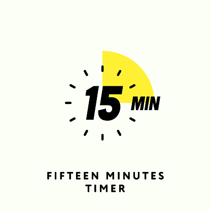 15 Min Clock, Stopwatch, Chronometer Showing Fifteen Minutes Label. Cooking time, Countdown Indication. Isolated Vector eps.