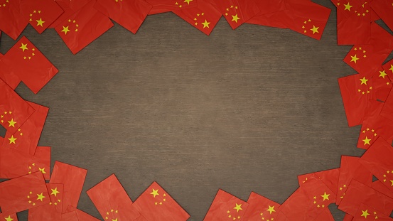 Frame made of paper flags of China arranged on wooden table. National celebration concept. 3D illustration