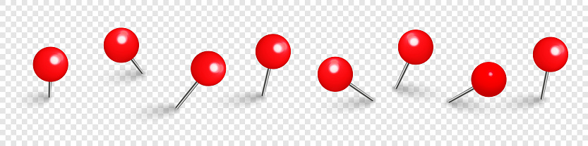 Realistic red push pins. Board tacks isolated on transparent background. Plastic pushpin with needle. Vector illustration