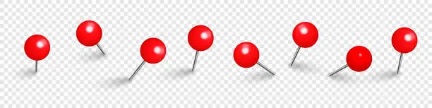 Vector illustration of Realistic red push pins. Board tacks isolated on transparent background. Plastic pushpin with needle. Vector illustration.