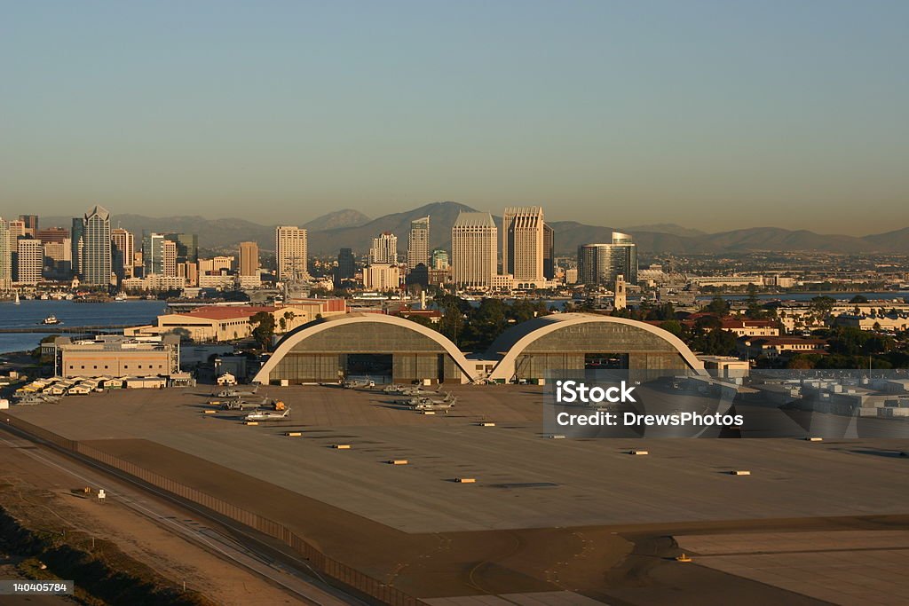 Naval Air Station North Island Hangars These two hangars are historical landmarks in San Diego. The were built in World War Two for seaplanes. San Diego is in the background.  Military Base Stock Photo