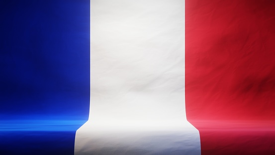 Studio backdrop with draped flag of France for presentation or product display. 3D rendering