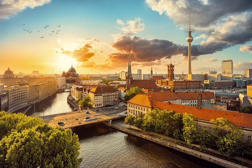 panoramic view at the skyline of berlin during sunrise