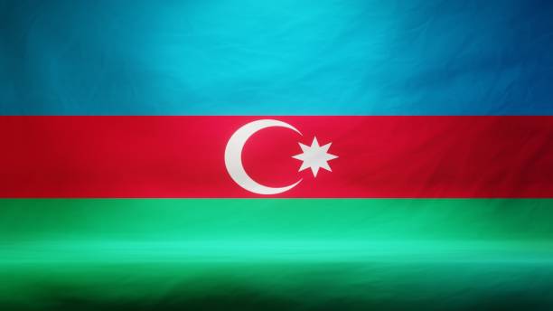 istock Studio backdrop with draped flag of Azerbaijan for presentation or product display. 3D rendering 1404059103