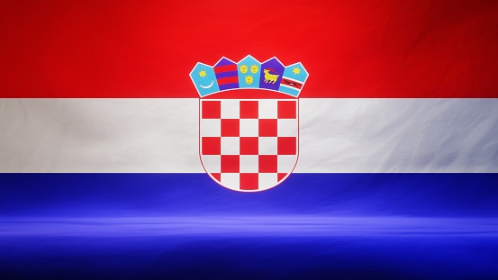 Studio backdrop with draped flag of Croatia for presentation or product display. 3D rendering