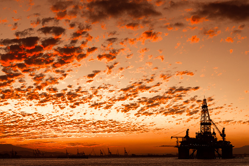 Silhouette of Oil Drilling Rig in Guanabara Bay in Rio de Janeiro, Brazil.