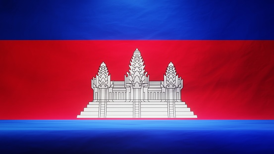 Studio backdrop with draped flag of Cambodia for presentation or product display. 3D rendering